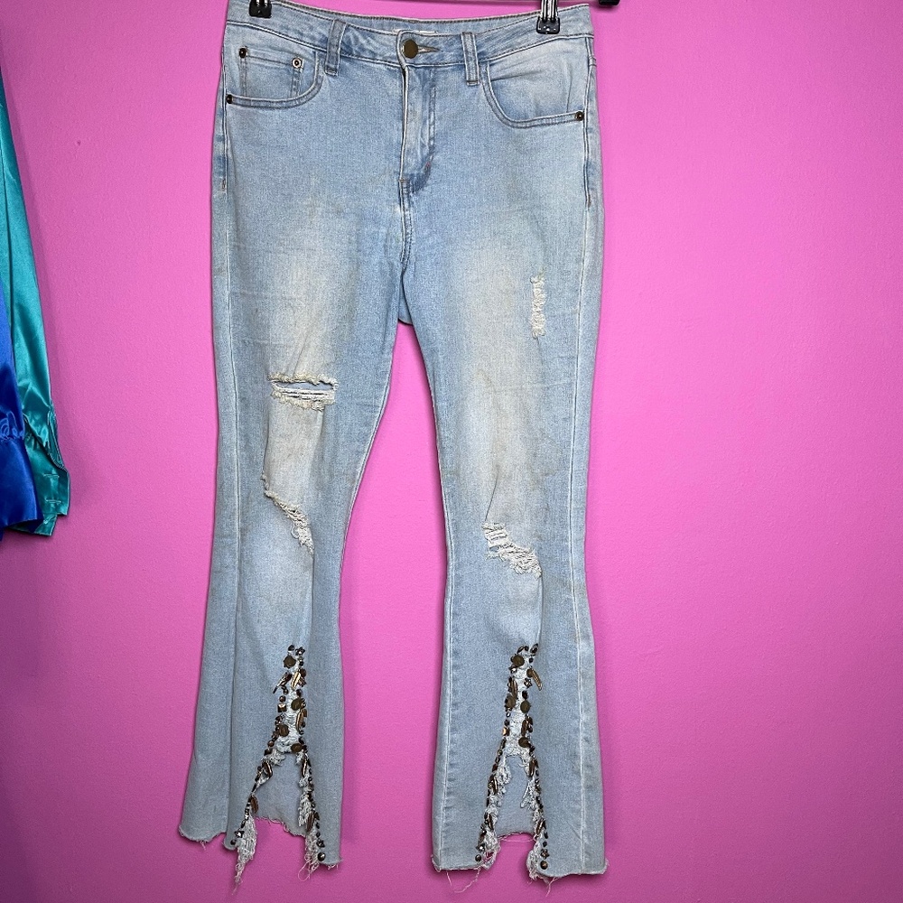 Luxe Moda stretch, embellished, frayed boot, cut jeans